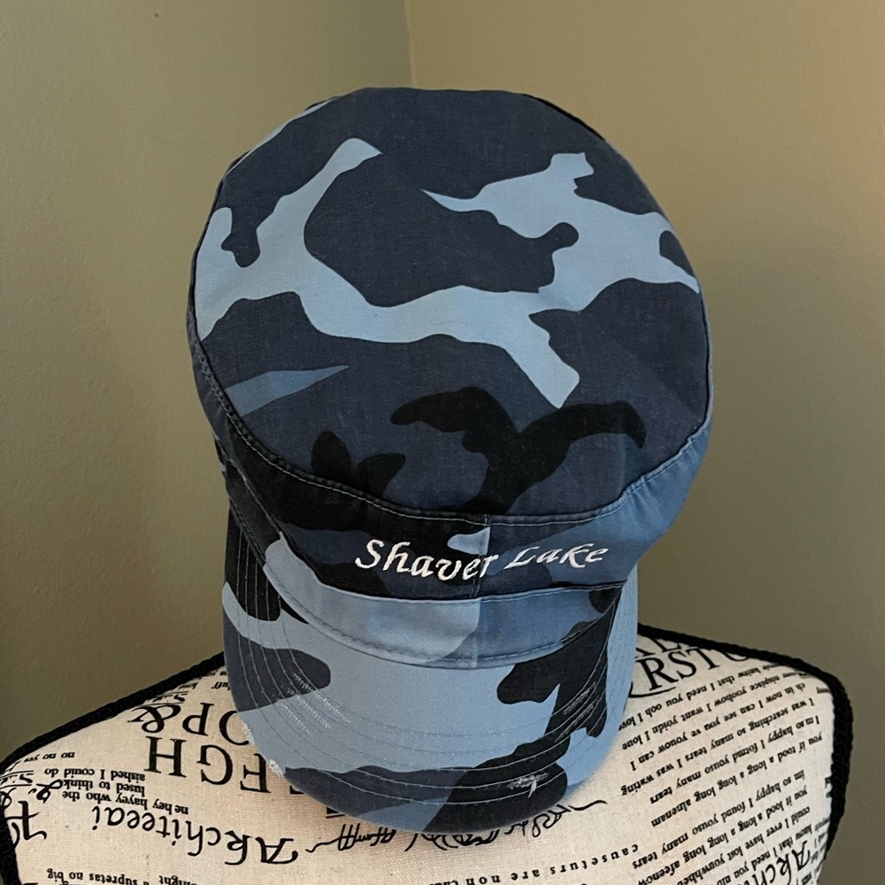 Women’s blue camo military style hat w/Shaver Lake stitching on front